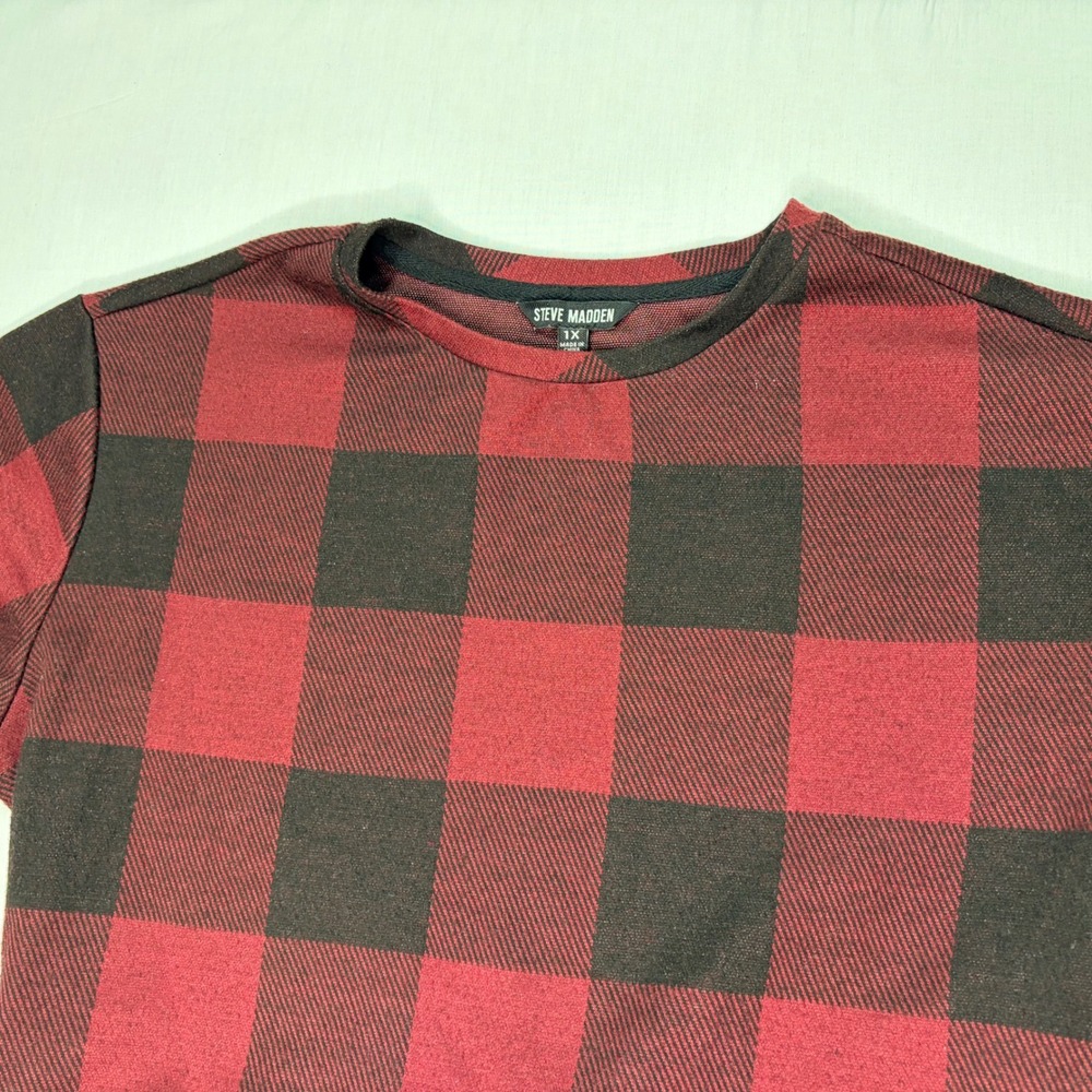 Steve Madden Women's 1X Red Black Plaid Short Sleeve Mini Dress Tie Back‎
